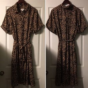 Ava & Viv Rolled Tab Sleeve Button Down Animal Print Belted Dress 2X